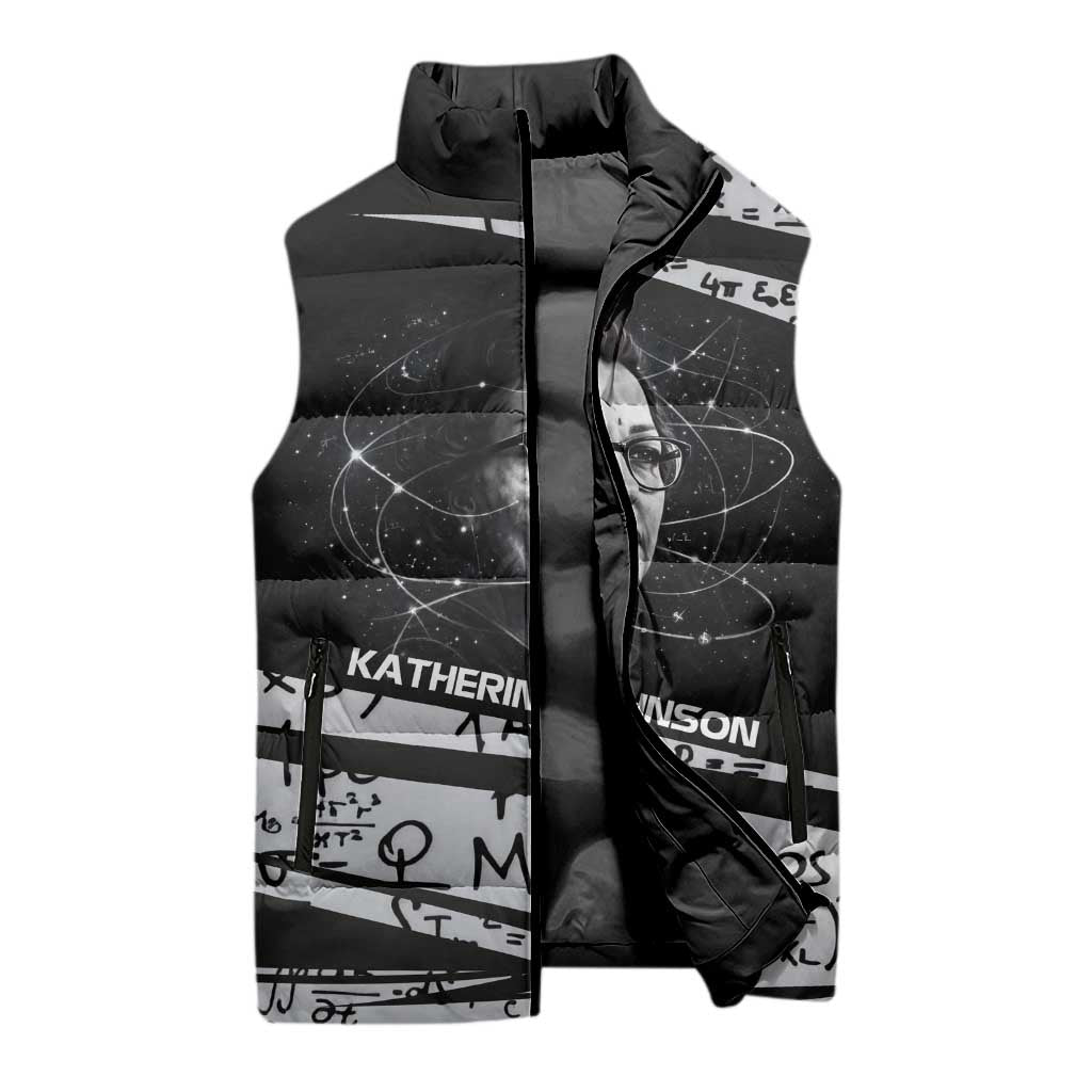 Katherine Johnson Sleeveless Puffer Jacket with Orbital Space Portrait, Historic NASA Launch Dates and Physics - Wonder Print Shop