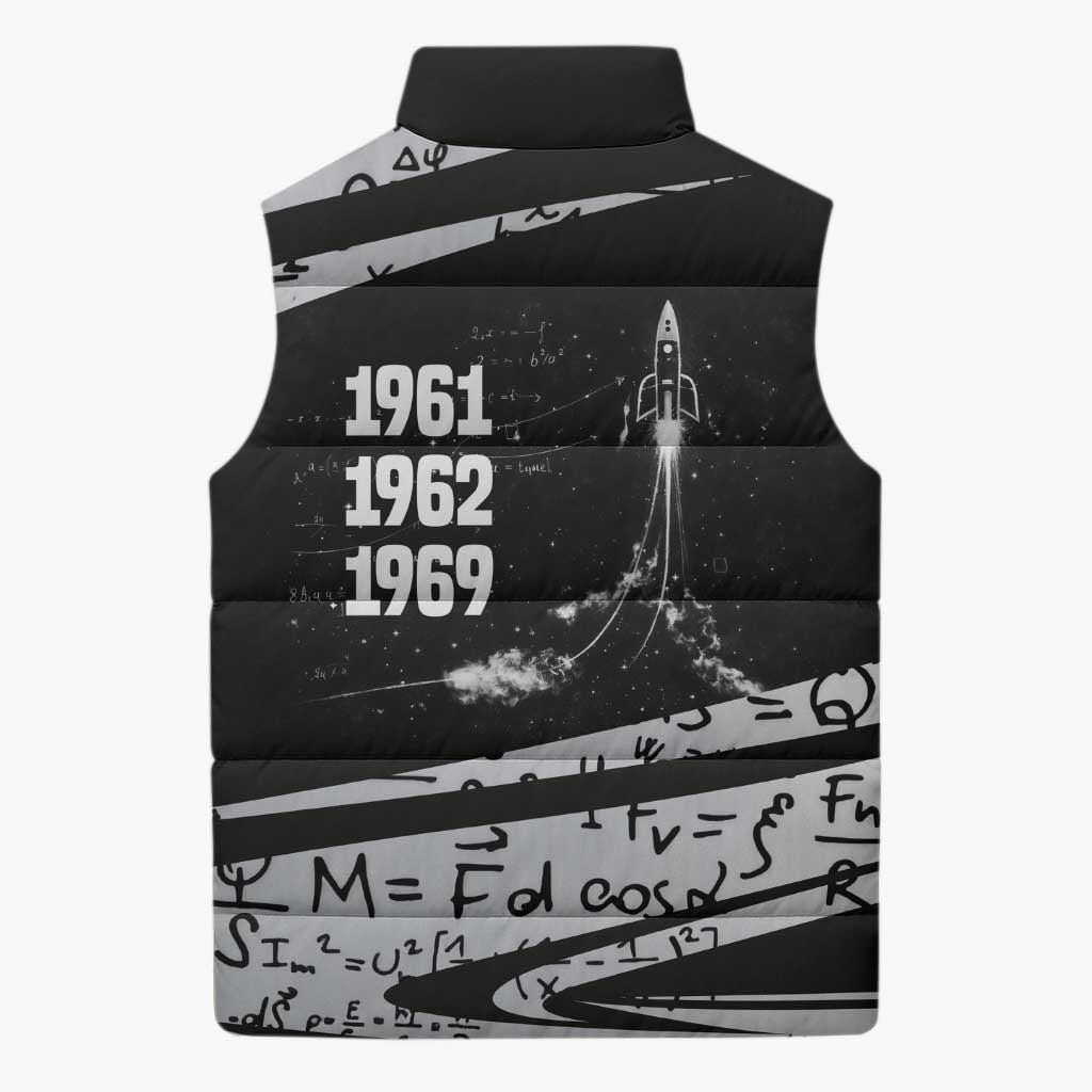 Katherine Johnson Sleeveless Puffer Jacket with Orbital Space Portrait, Historic NASA Launch Dates and Physics - Wonder Print Shop
