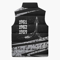 Katherine Johnson Sleeveless Puffer Jacket with Orbital Space Portrait, Historic NASA Launch Dates and Physics - Wonder Print Shop