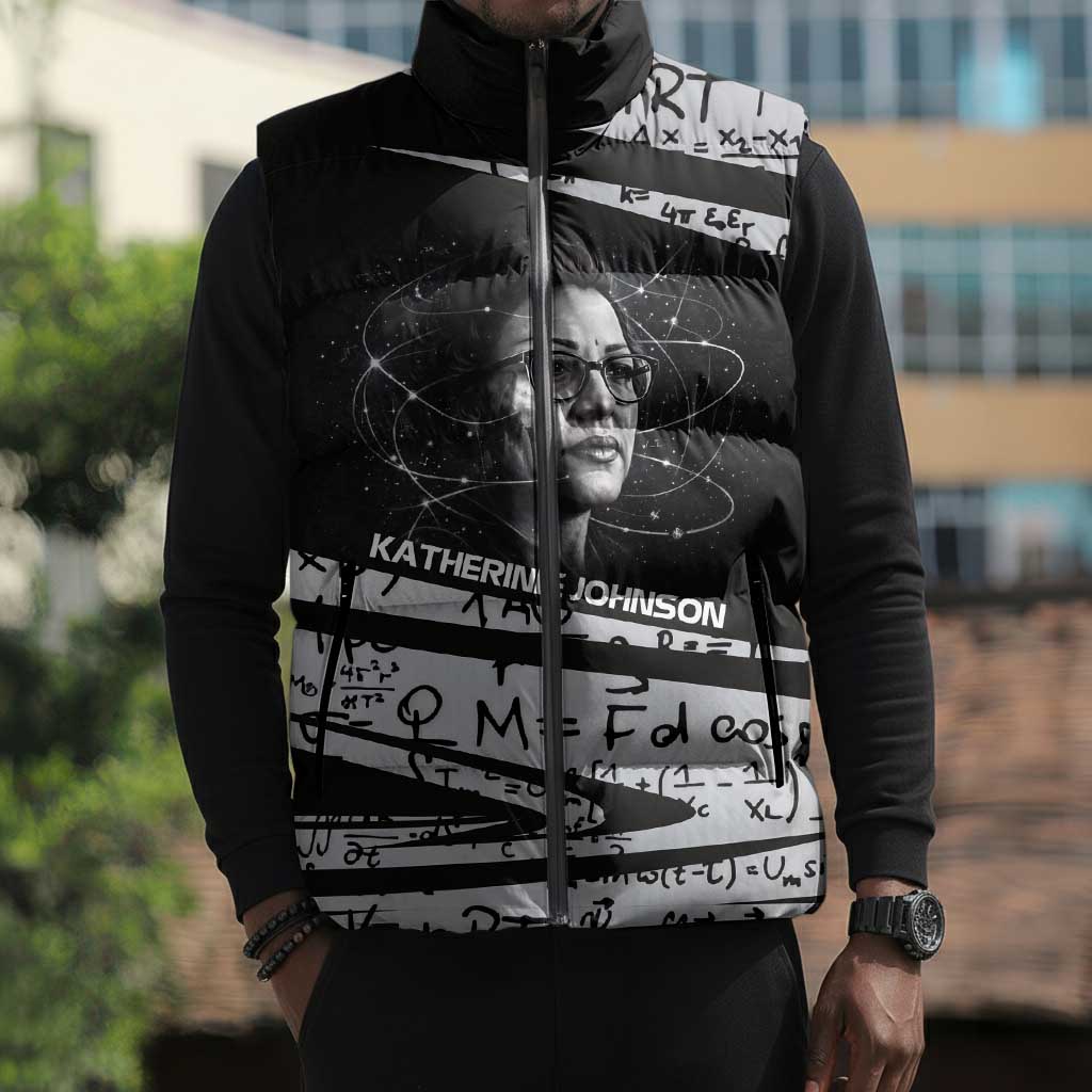 Katherine Johnson Sleeveless Puffer Jacket with Orbital Space Portrait, Historic NASA Launch Dates and Physics - Wonder Print Shop
