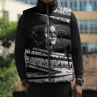 Katherine Johnson Sleeveless Puffer Jacket with Orbital Space Portrait, Historic NASA Launch Dates and Physics - Wonder Print Shop