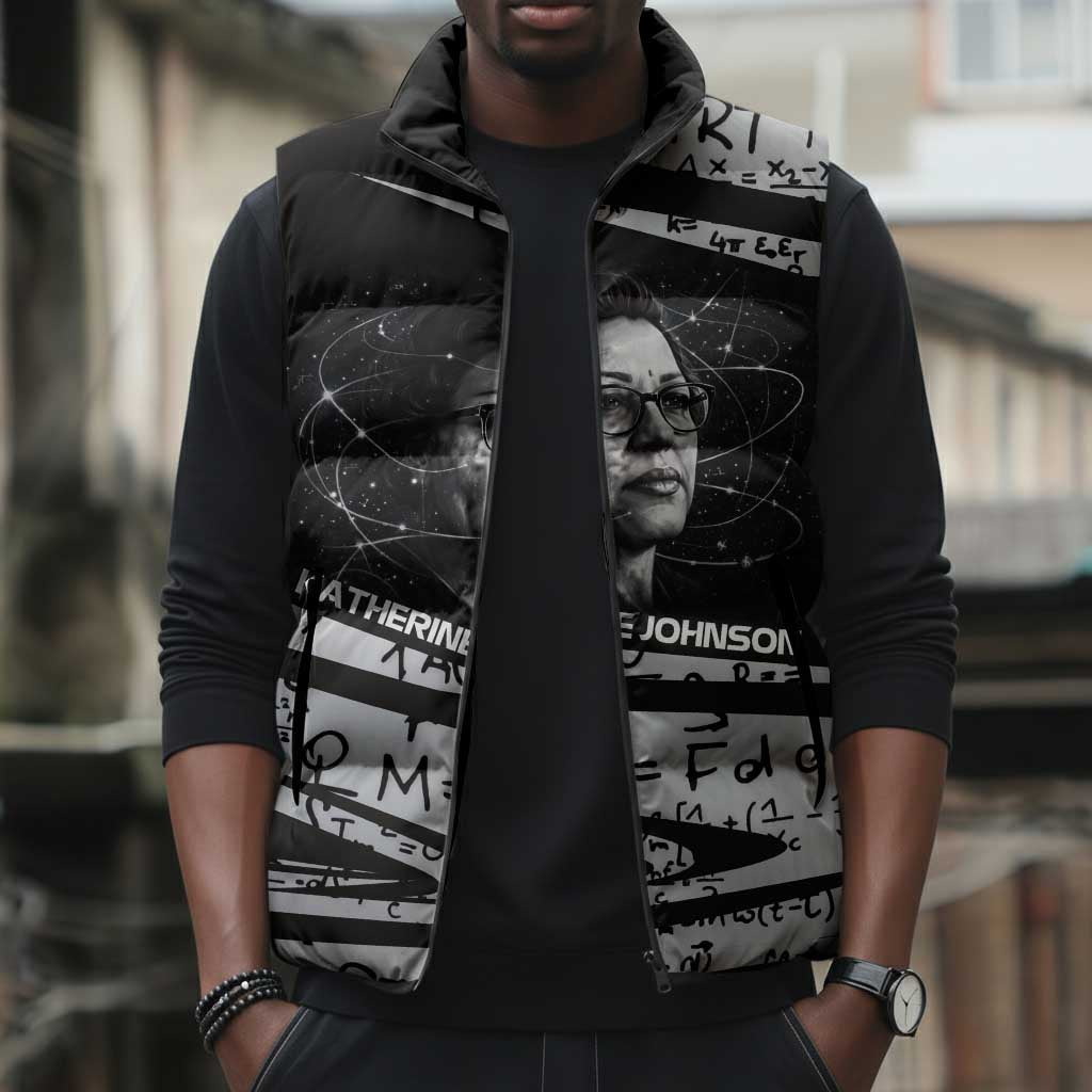 Katherine Johnson Sleeveless Puffer Jacket with Orbital Space Portrait, Historic NASA Launch Dates and Physics - Wonder Print Shop