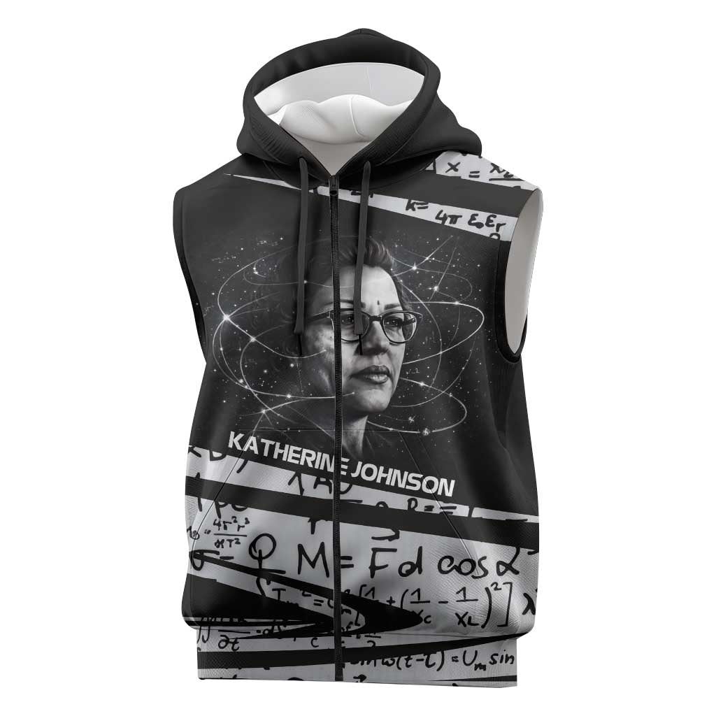 Katherine Johnson Sleeveless Zip Hoodie with Orbital Space Portrait, Historic NASA Launch Dates and Physics - Wonder Print Shop