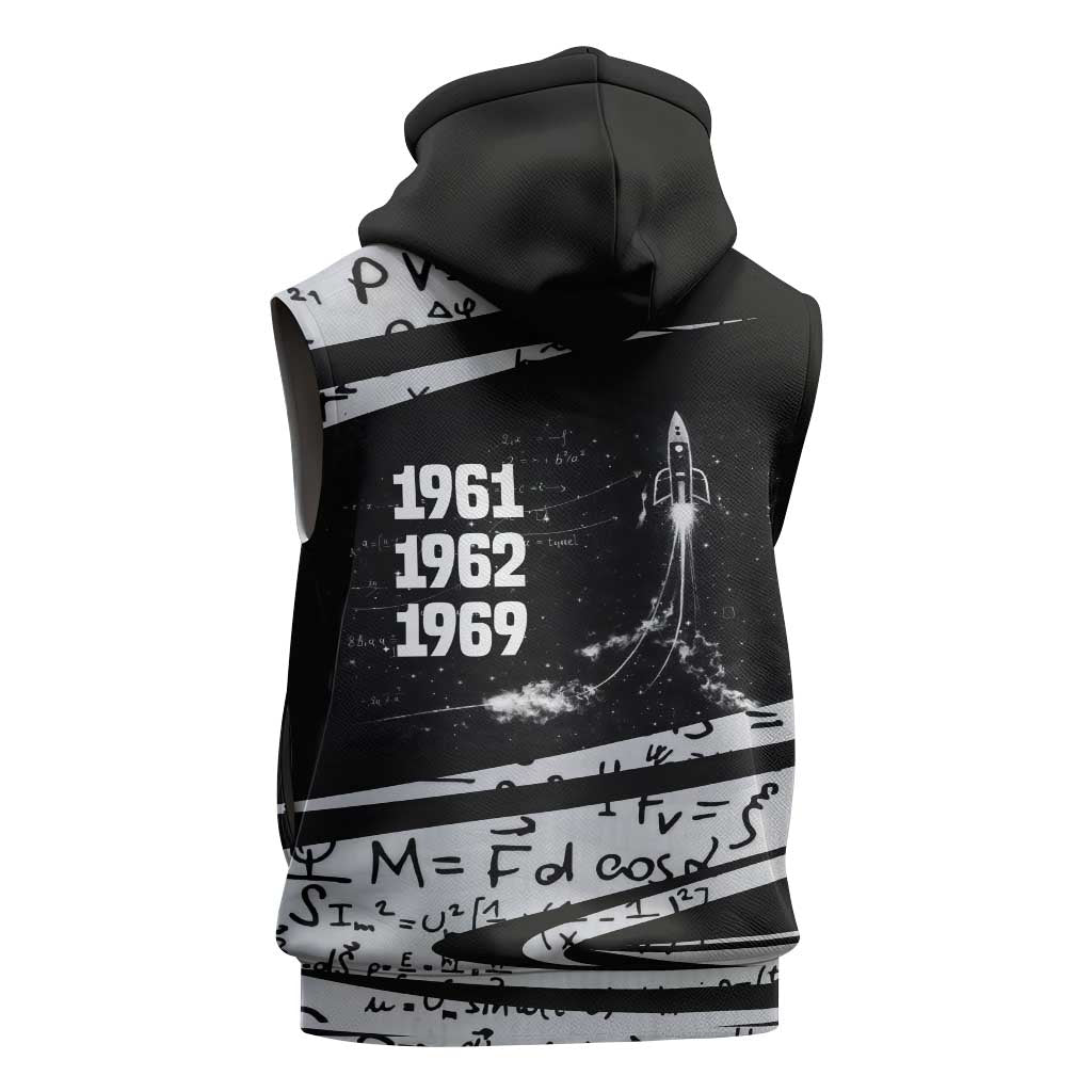 Katherine Johnson Sleeveless Zip Hoodie with Orbital Space Portrait, Historic NASA Launch Dates and Physics - Wonder Print Shop