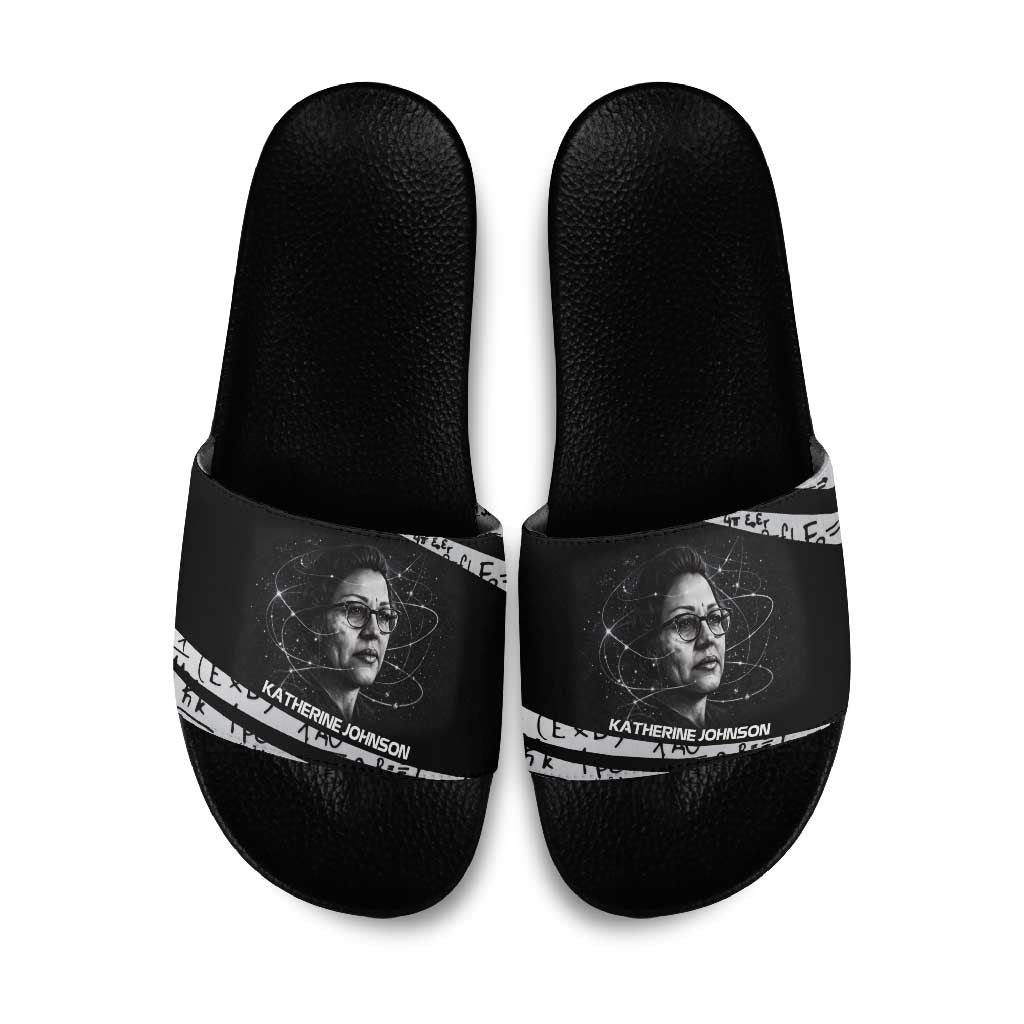 Katherine Johnson Slide Sandals with Orbital Space Portrait, Historic NASA Launch Dates and Physics - Wonder Print Shop