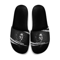 Katherine Johnson Slide Sandals with Orbital Space Portrait, Historic NASA Launch Dates and Physics - Wonder Print Shop