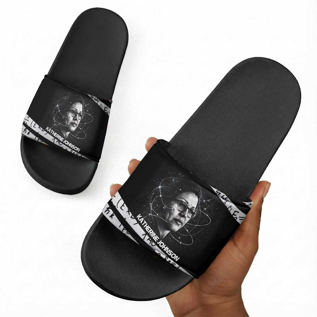 Katherine Johnson Slide Sandals with Orbital Space Portrait, Historic NASA Launch Dates and Physics - Wonder Print Shop