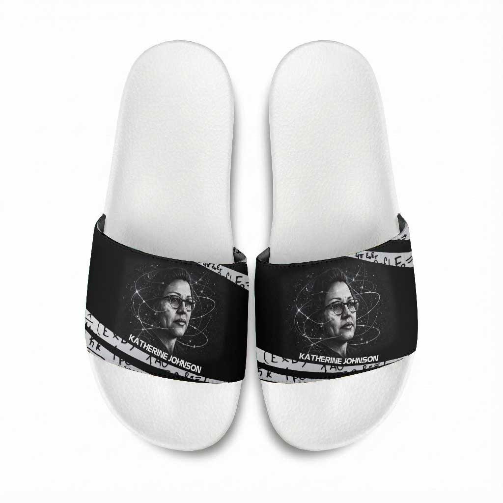 Katherine Johnson Slide Sandals with Orbital Space Portrait, Historic NASA Launch Dates and Physics - Wonder Print Shop