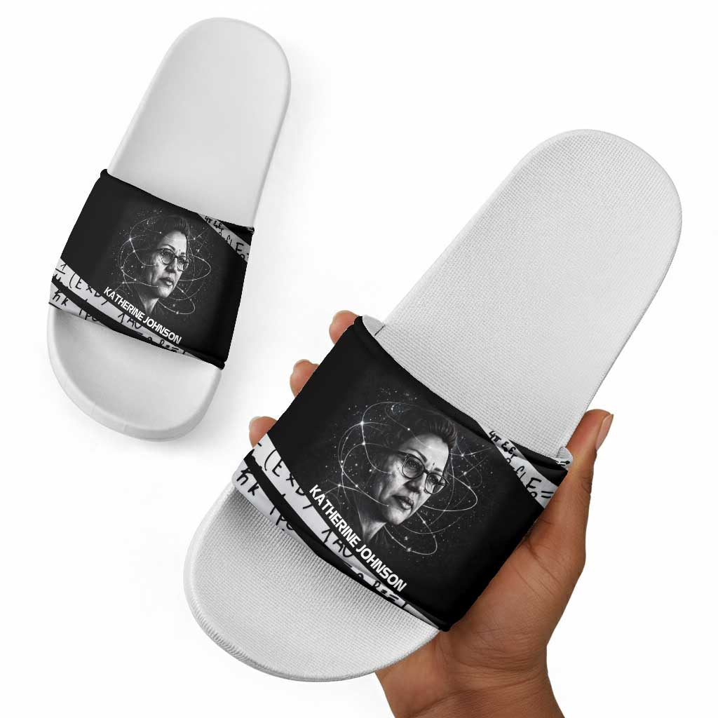 Katherine Johnson Slide Sandals with Orbital Space Portrait, Historic NASA Launch Dates and Physics - Wonder Print Shop