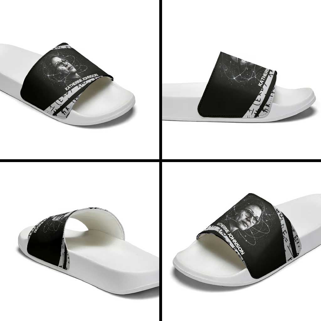 Katherine Johnson Slide Sandals with Orbital Space Portrait, Historic NASA Launch Dates and Physics - Wonder Print Shop
