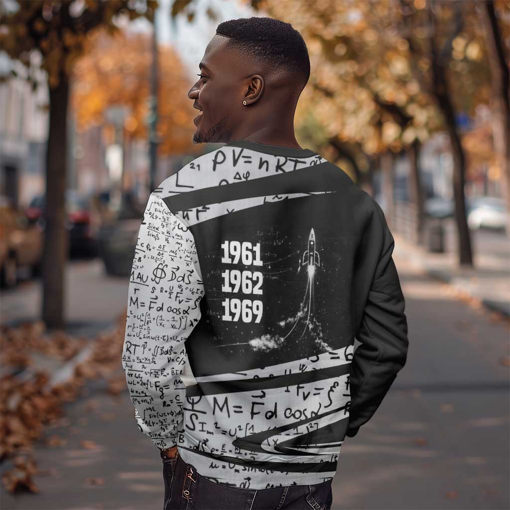 Katherine Johnson Sweatshirt with Orbital Space Portrait, Historic NASA Launch Dates and Physics - Wonder Print Shop