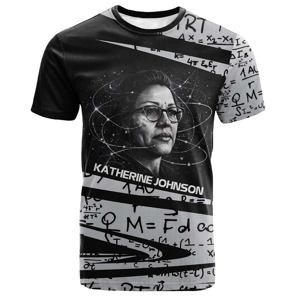 Katherine Johnson T shirt with Orbital Space Portrait, Historic NASA Launch Dates and Physics - Wonder Print Shop