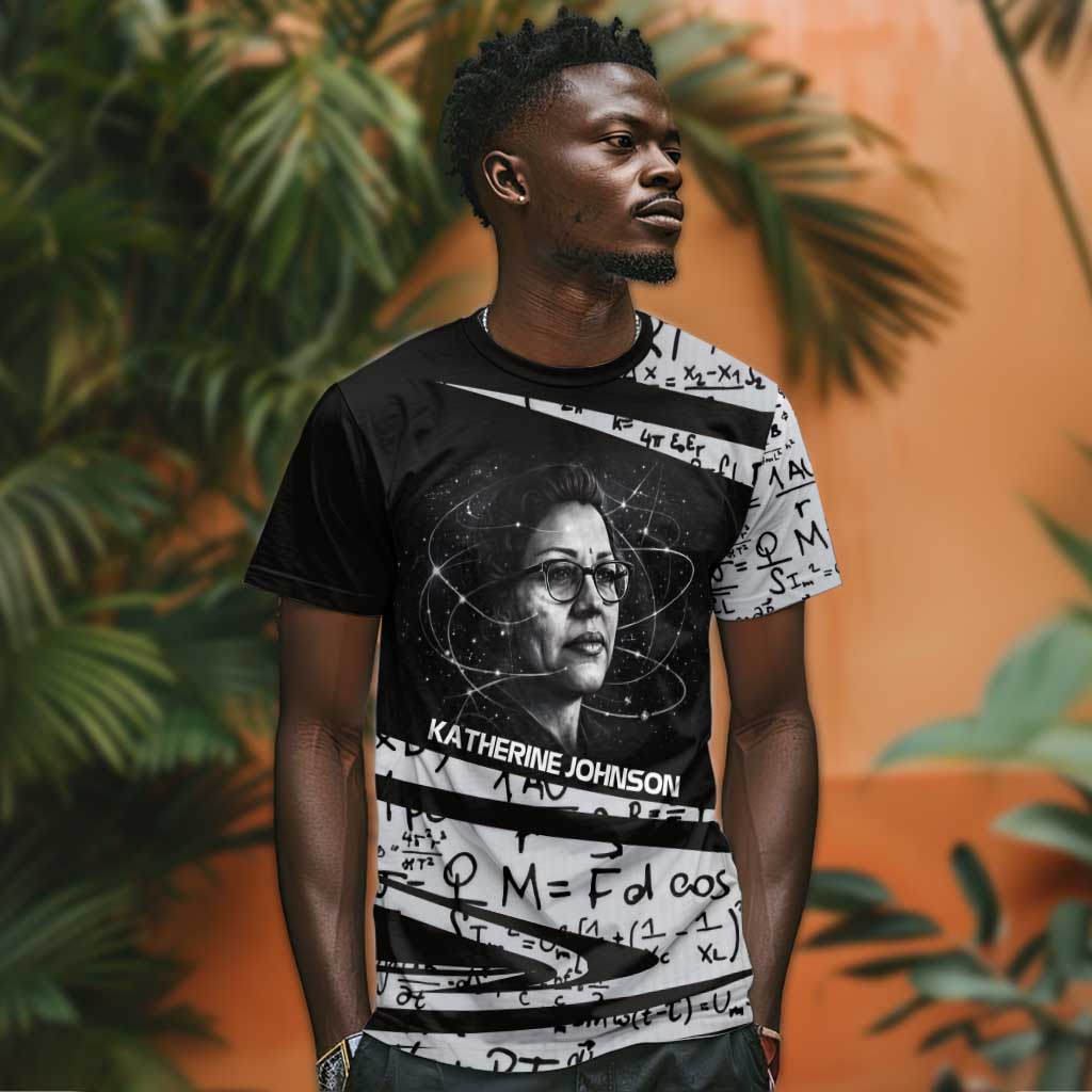 Katherine Johnson T shirt with Orbital Space Portrait, Historic NASA Launch Dates and Physics - Wonder Print Shop
