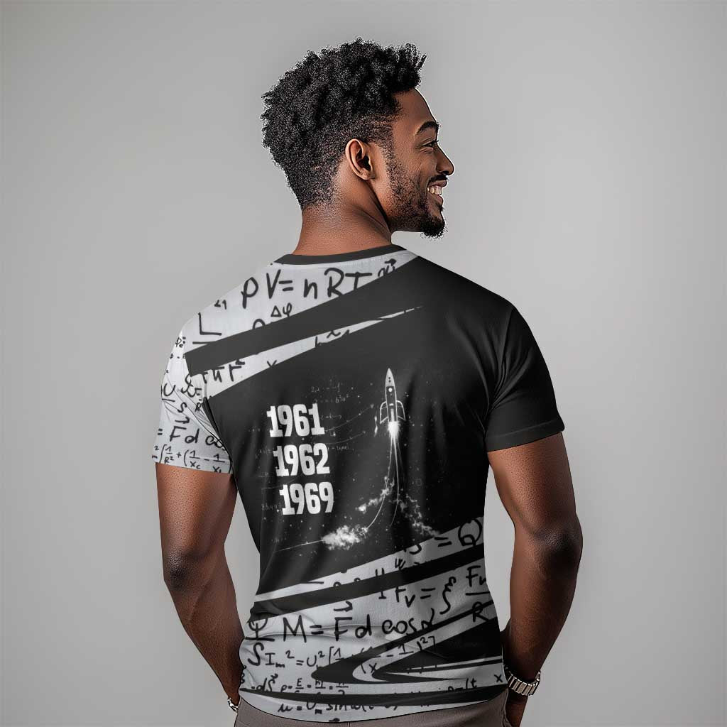 Katherine Johnson T shirt with Orbital Space Portrait, Historic NASA Launch Dates and Physics - Wonder Print Shop