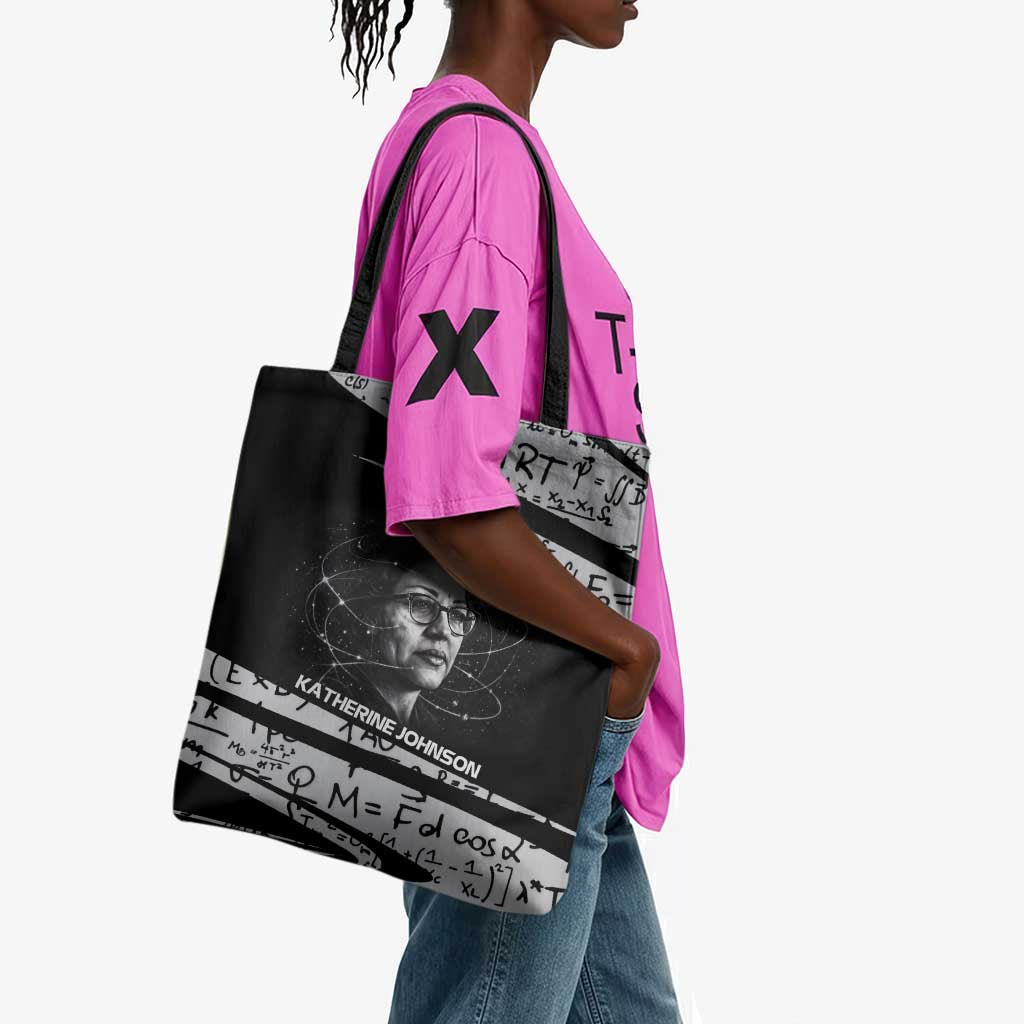 Katherine Johnson Tote Bag with Orbital Space Portrait, Historic NASA Launch Dates and Physics - Wonder Print Shop