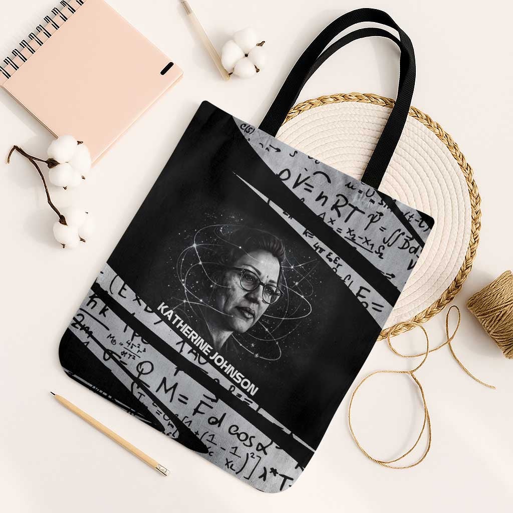 Katherine Johnson Tote Bag with Orbital Space Portrait, Historic NASA Launch Dates and Physics - Wonder Print Shop