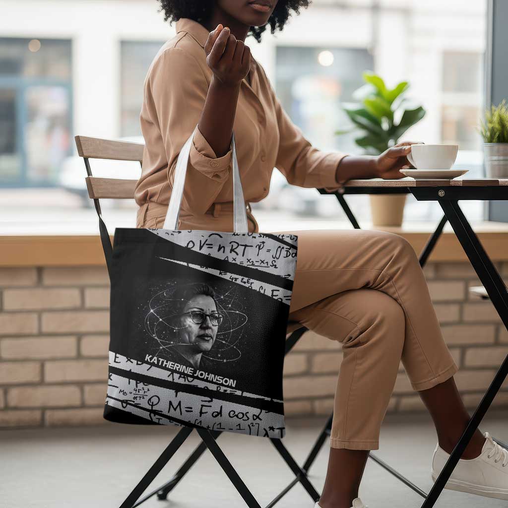 Katherine Johnson Tote Bag with Orbital Space Portrait, Historic NASA Launch Dates and Physics - Wonder Print Shop