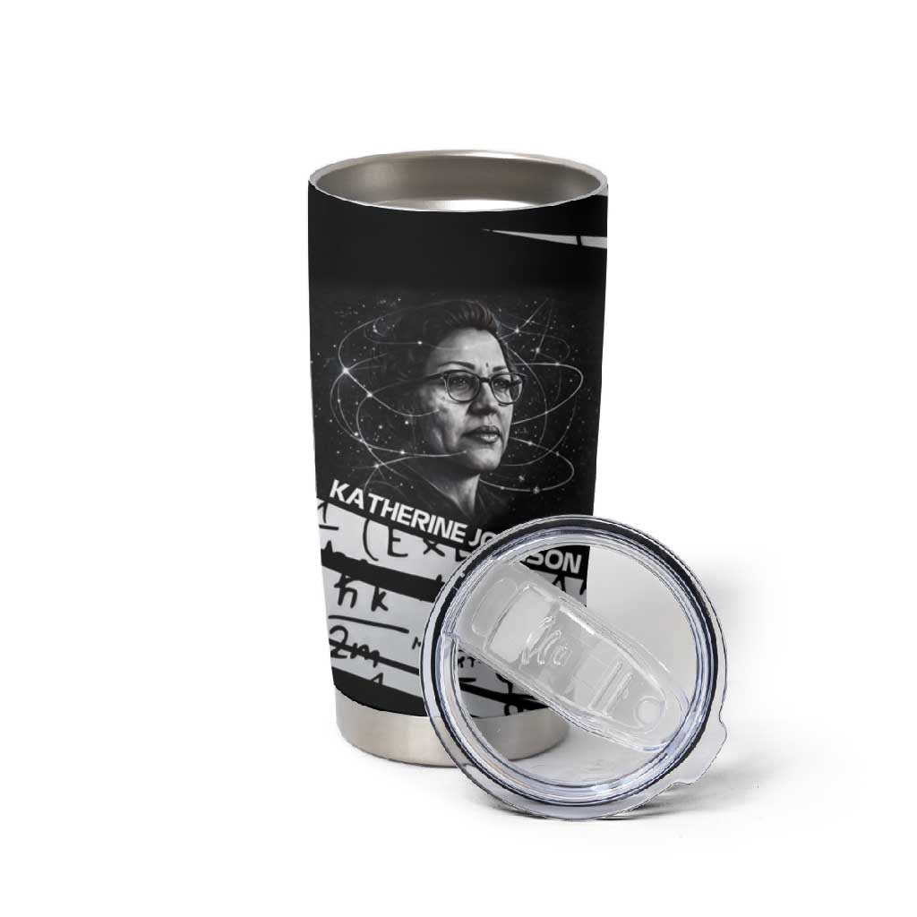 Katherine Johnson Tumbler Cup with Orbital Space Portrait, Historic NASA Launch Dates and Physics - Wonder Print Shop
