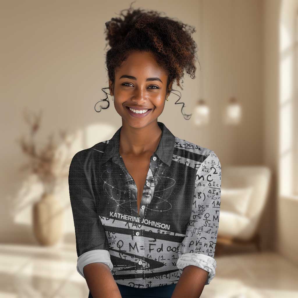 Katherine Johnson Women Casual Shirt with Orbital Space Portrait, Historic NASA Launch Dates and Physics - Wonder Print Shop