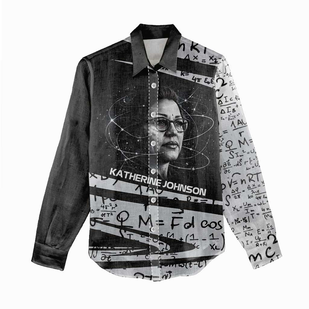 Katherine Johnson Women Casual Shirt with Orbital Space Portrait, Historic NASA Launch Dates and Physics - Wonder Print Shop