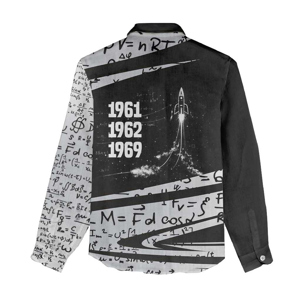 Katherine Johnson Women Casual Shirt with Orbital Space Portrait, Historic NASA Launch Dates and Physics - Wonder Print Shop