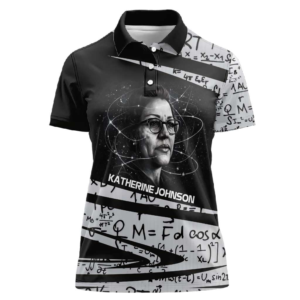 Katherine Johnson Women Polo Shirt with Orbital Space Portrait, Historic NASA Launch Dates and Physics - Wonder Print Shop