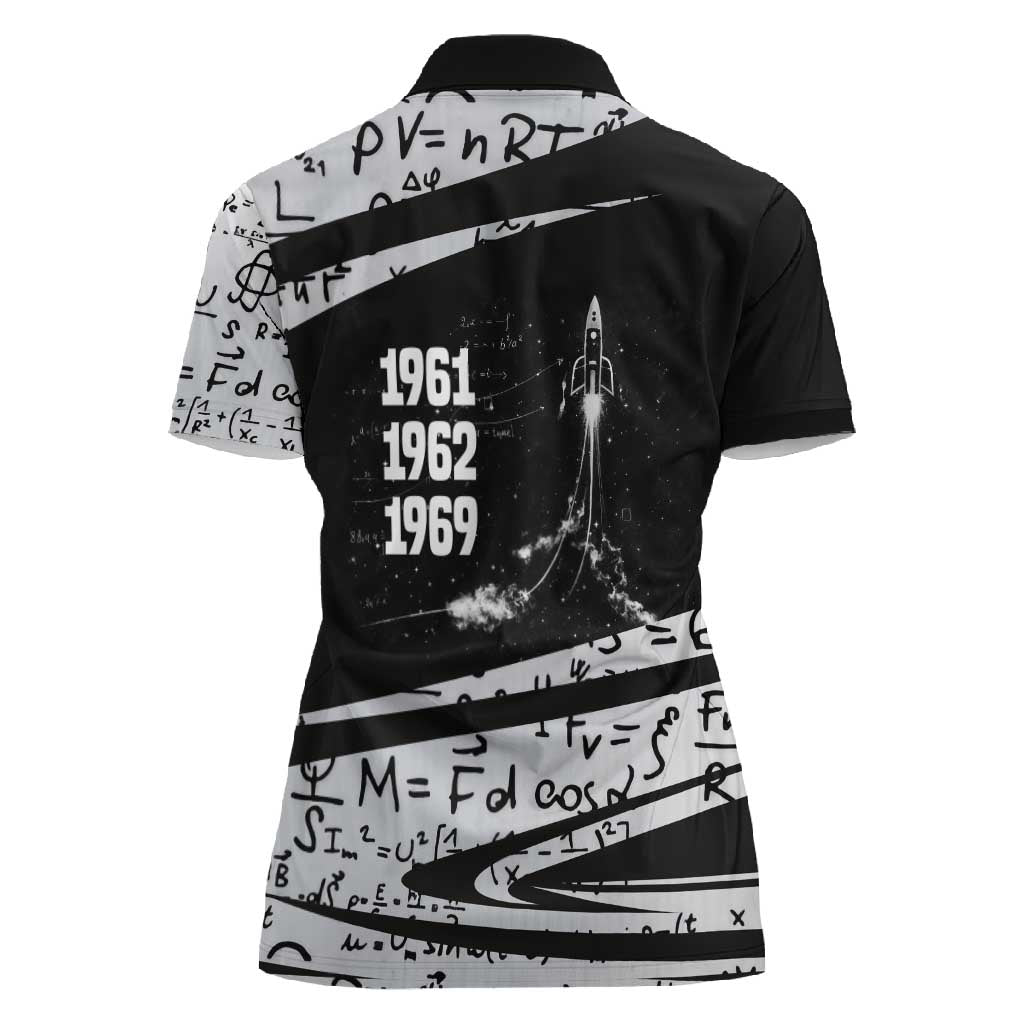 Katherine Johnson Women Polo Shirt with Orbital Space Portrait, Historic NASA Launch Dates and Physics - Wonder Print Shop