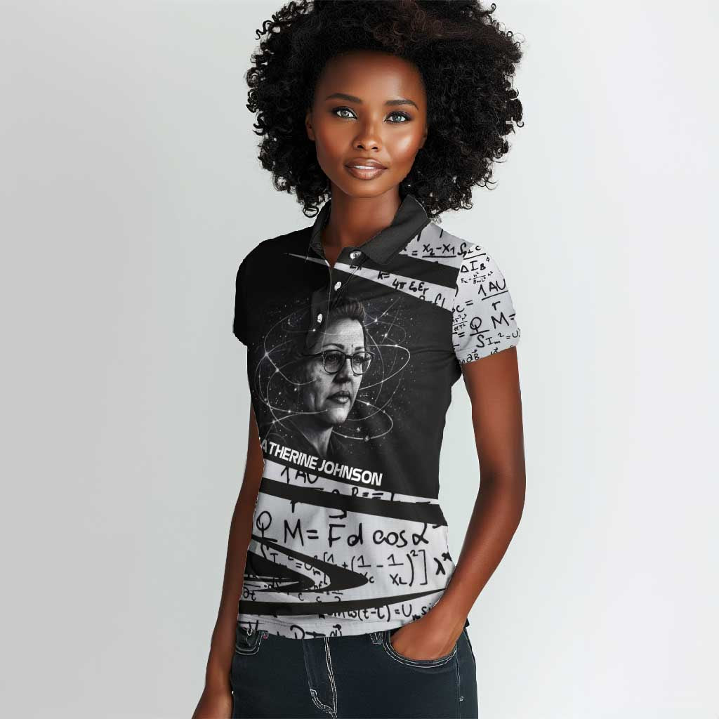 Katherine Johnson Women Polo Shirt with Orbital Space Portrait, Historic NASA Launch Dates and Physics - Wonder Print Shop
