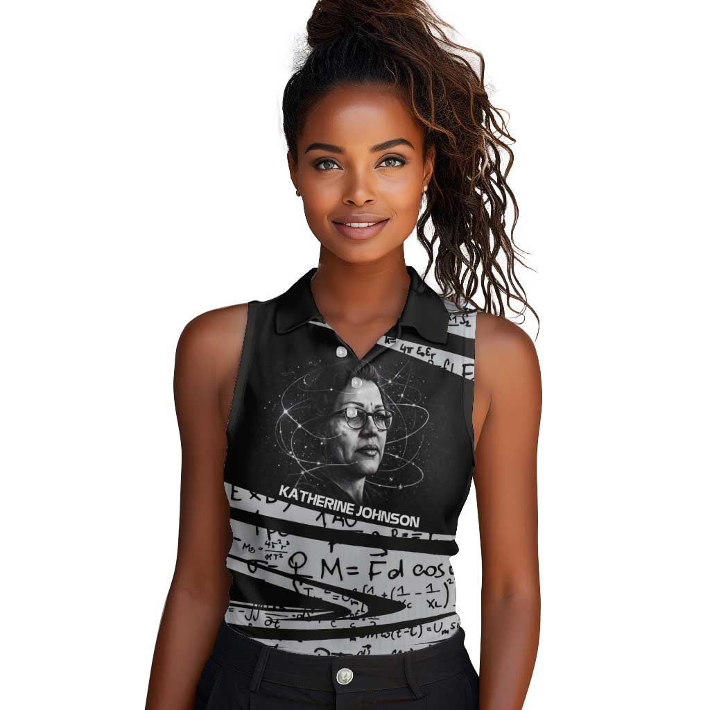 Katherine Johnson Women Sleeveless Polo Shirt with Orbital Space Portrait, Historic NASA Launch Dates and Physics - Wonder Print Shop
