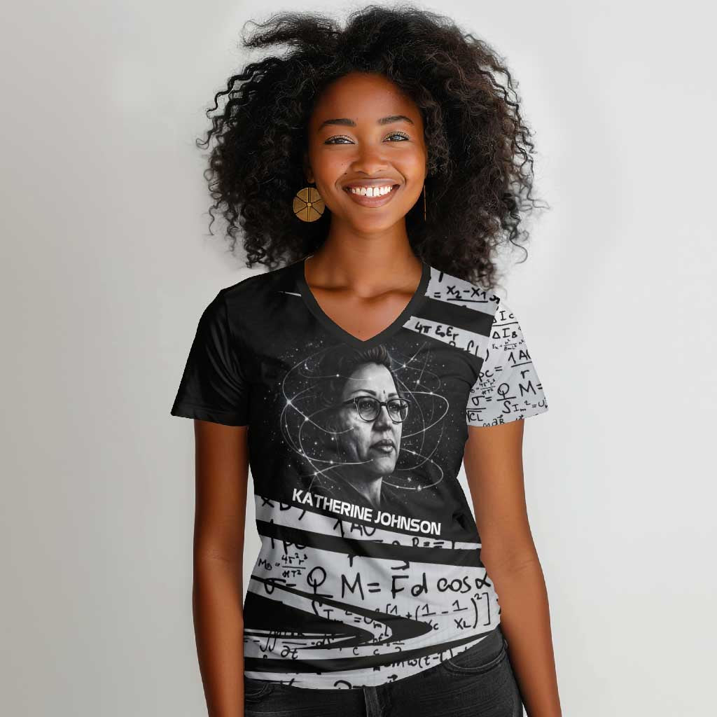 Katherine Johnson Women V-Neck T-Shirt with Orbital Space Portrait, Historic NASA Launch Dates and Physics - Wonder Print Shop
