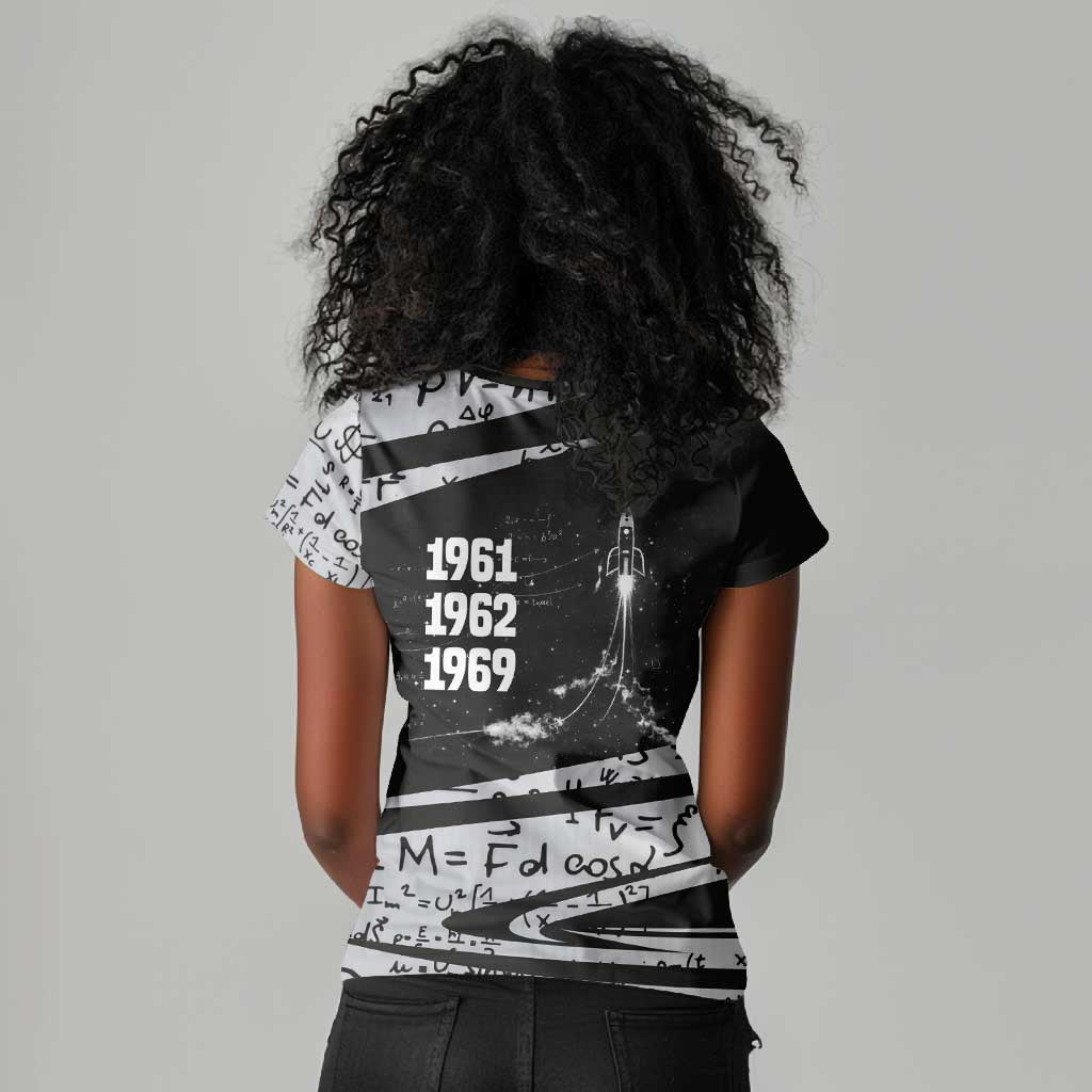 Katherine Johnson Women V-Neck T-Shirt with Orbital Space Portrait, Historic NASA Launch Dates and Physics - Wonder Print Shop