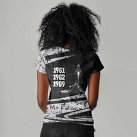 Katherine Johnson Women V-Neck T-Shirt with Orbital Space Portrait, Historic NASA Launch Dates and Physics - Wonder Print Shop