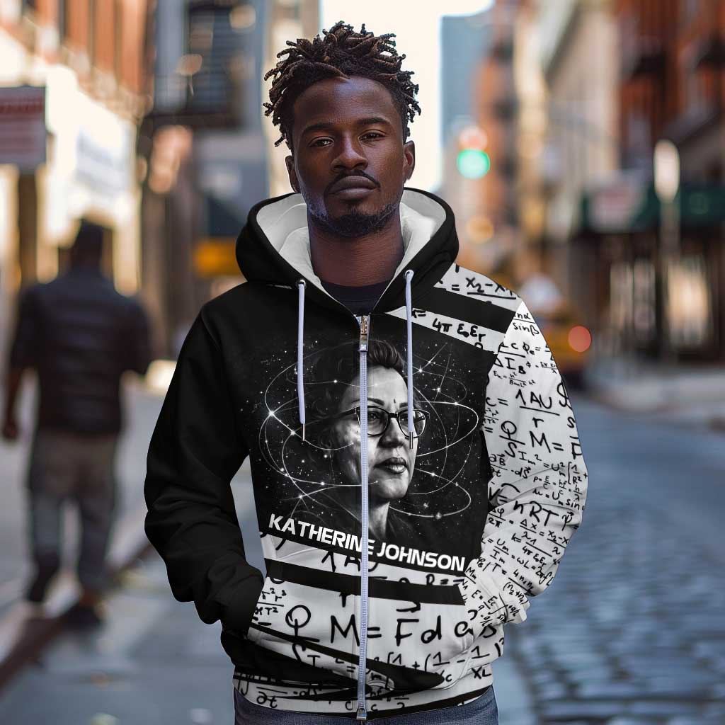 Katherine Johnson Zip Hoodie with Orbital Space Portrait, Historic NASA Launch Dates and Physics - Wonder Print Shop
