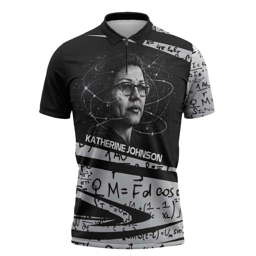 Katherine Johnson Zipper Polo Shirt with Orbital Space Portrait, Historic NASA Launch Dates and Physics - Wonder Print Shop