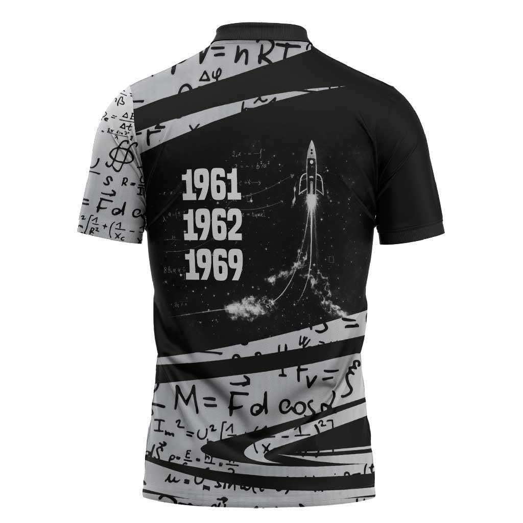 Katherine Johnson Zipper Polo Shirt with Orbital Space Portrait, Historic NASA Launch Dates and Physics - Wonder Print Shop