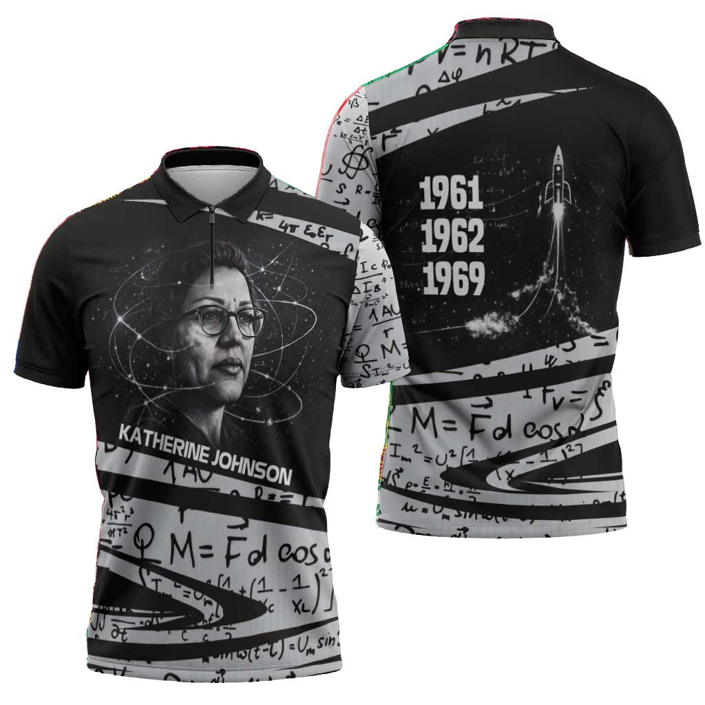 Katherine Johnson Zipper Polo Shirt with Orbital Space Portrait, Historic NASA Launch Dates and Physics - Wonder Print Shop