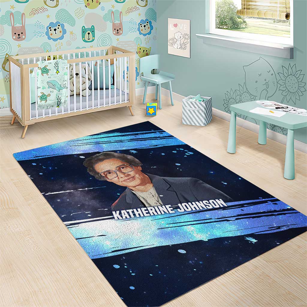 Katherine Johnson Area Rug with Galaxy Background, Hidden No More Quote and Rocket Brain Equation - Wonder Print Shop