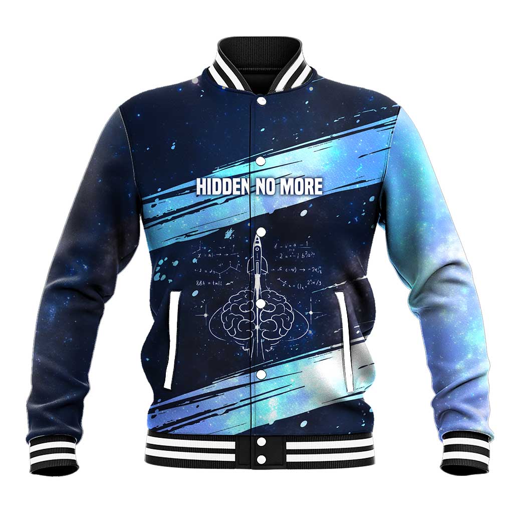 Katherine Johnson Baseball Jacket with Galaxy Background, Hidden No More Quote and Rocket Brain Equation - Wonder Print Shop