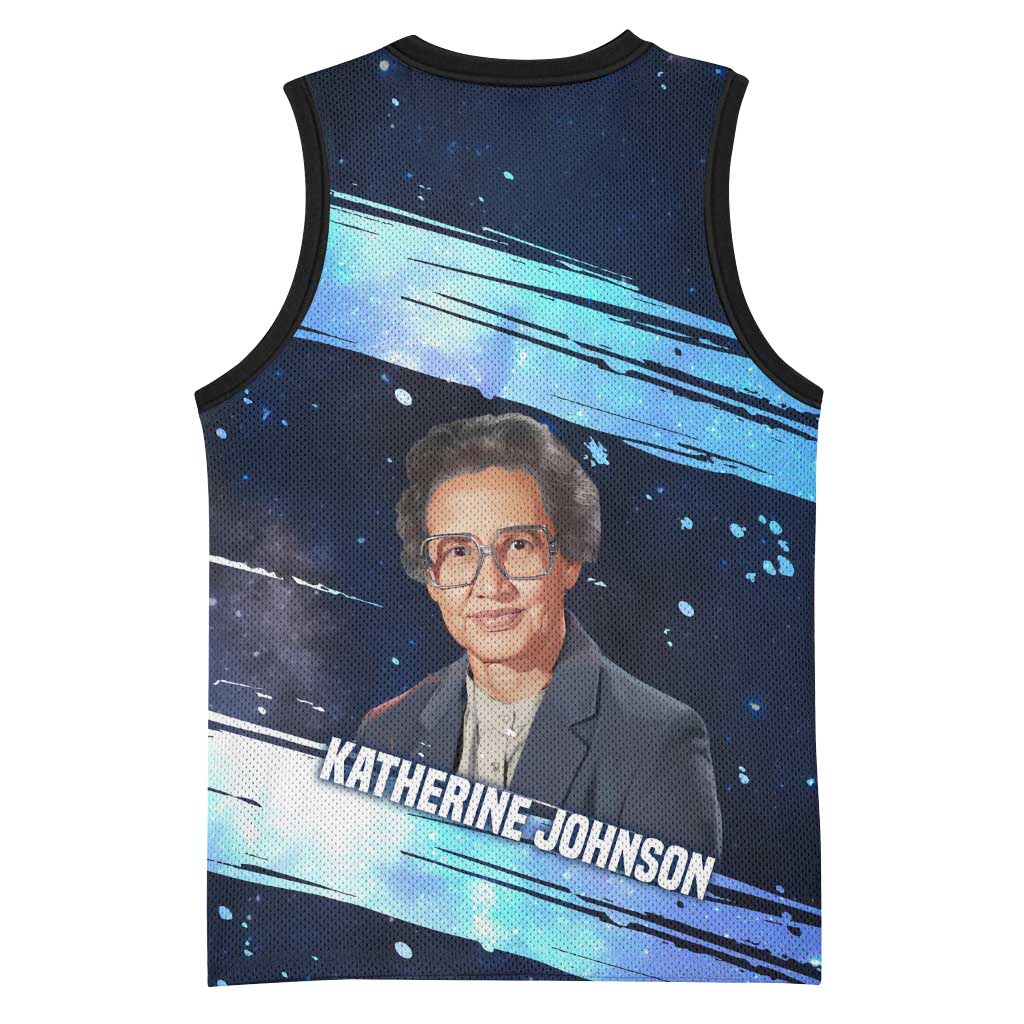 Katherine Johnson Basketball Jersey with Galaxy Background, Hidden No More Quote and Rocket Brain Equation - Wonder Print Shop