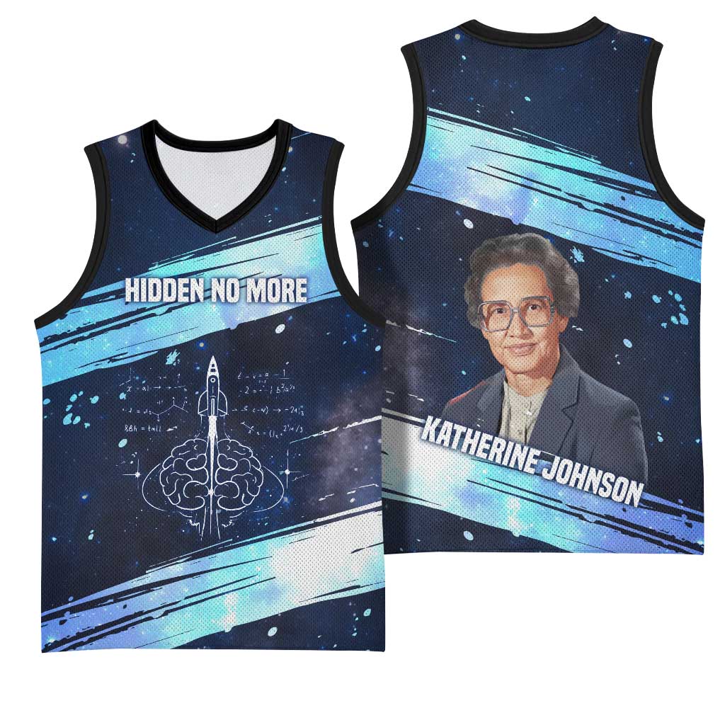 Katherine Johnson Basketball Jersey with Galaxy Background, Hidden No More Quote and Rocket Brain Equation - Wonder Print Shop