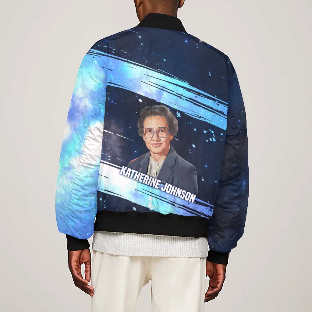 Katherine Johnson Bomber Jacket with Galaxy Background, Hidden No More Quote and Rocket Brain Equation - Wonder Print Shop