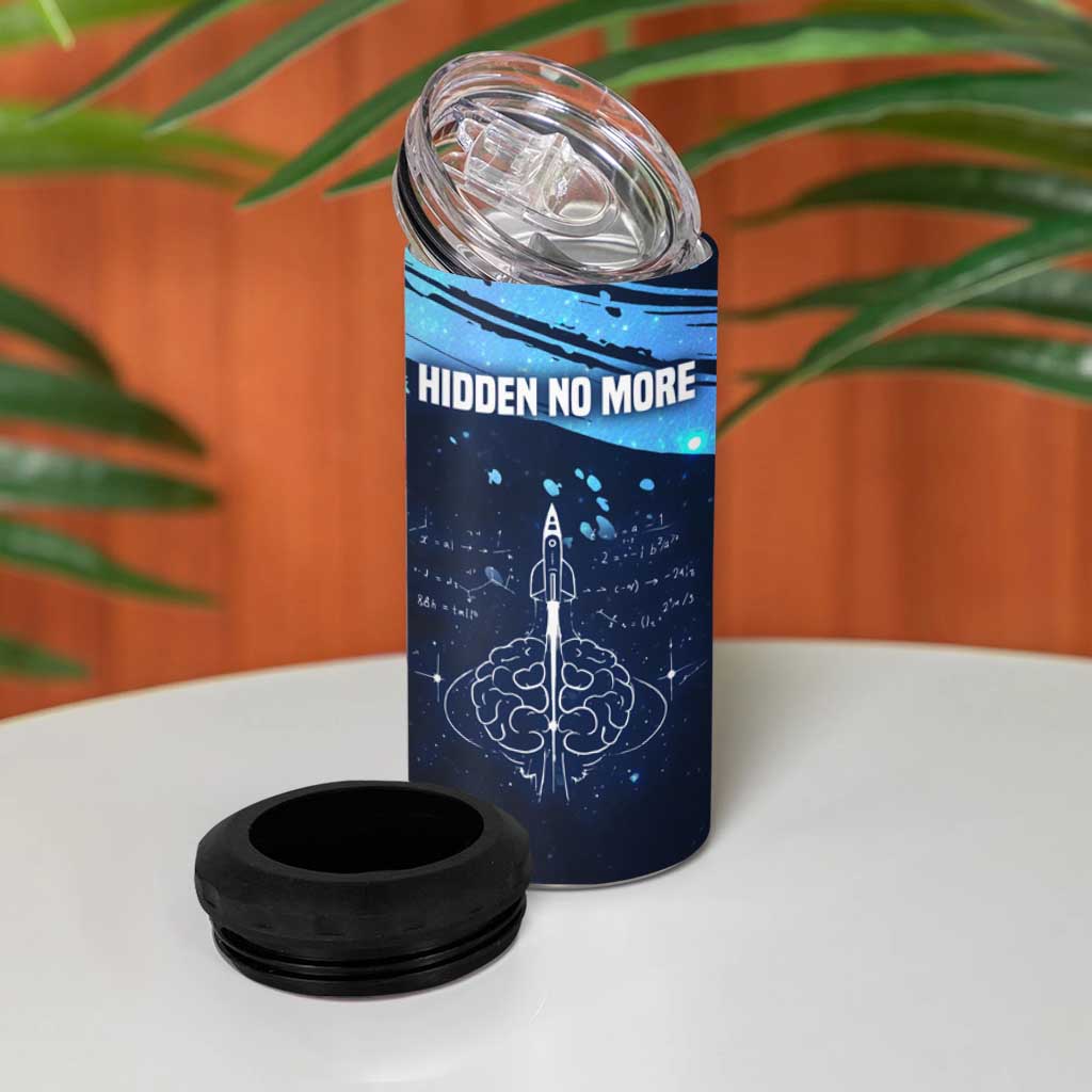 Katherine Johnson 4 in 1 Can Cooler Tumbler with Galaxy Background, Hidden No More Quote and Rocket Brain Equation - Wonder Print Shop