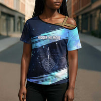 Katherine Johnson Cross Shoulder Shirt with Galaxy Background, Hidden No More Quote and Rocket Brain Equation - Wonder Print Shop