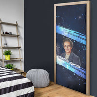 Katherine Johnson Door Cover with Galaxy Background, Hidden No More Quote and Rocket Brain Equation - Wonder Print Shop