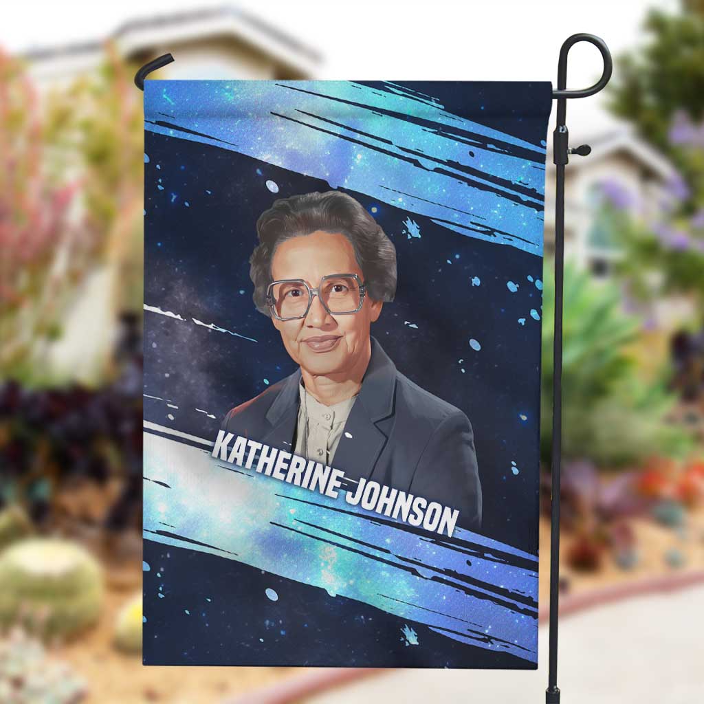 Katherine Johnson Garden Flag with Galaxy Background, Hidden No More Quote and Rocket Brain Equation - Wonder Print Shop