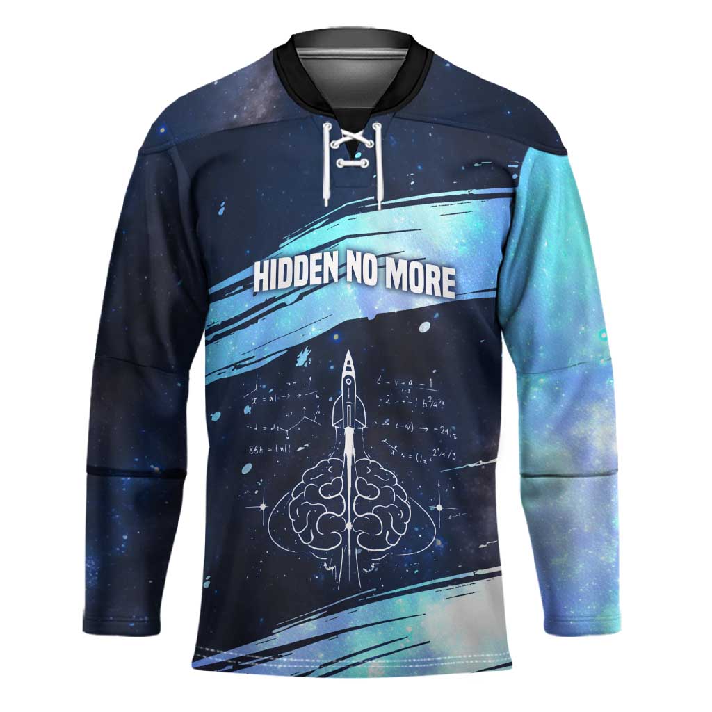 Katherine Johnson Hockey Jersey with Galaxy Background, Hidden No More Quote and Rocket Brain Equation - Wonder Print Shop