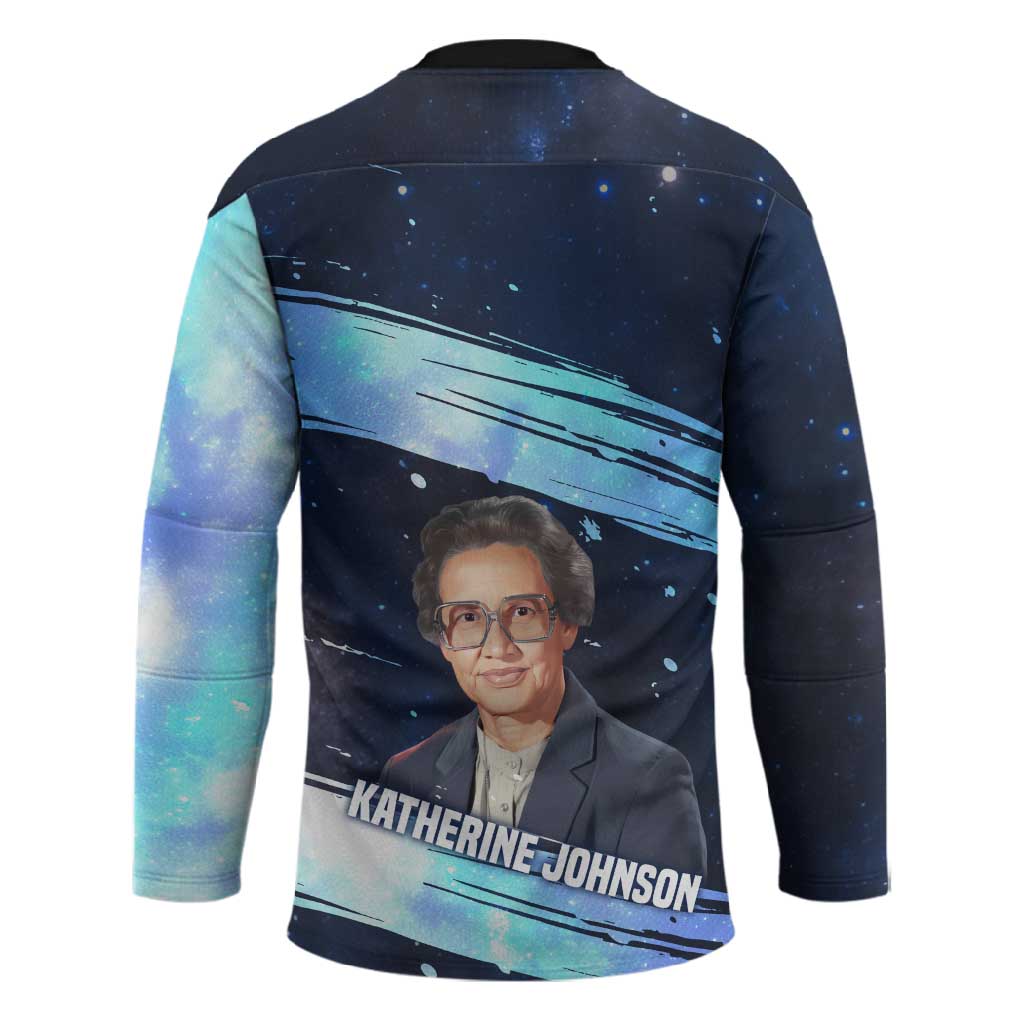 Katherine Johnson Hockey Jersey with Galaxy Background, Hidden No More Quote and Rocket Brain Equation - Wonder Print Shop