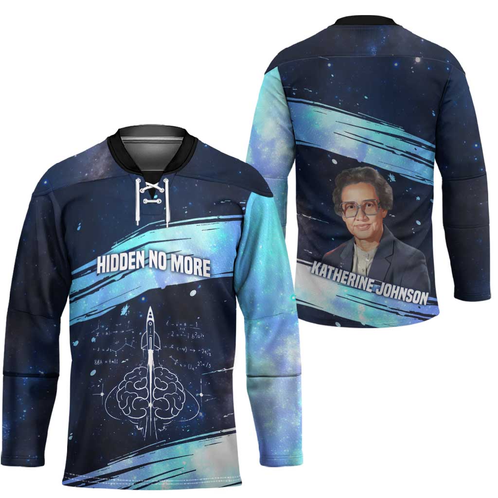 Katherine Johnson Hockey Jersey with Galaxy Background, Hidden No More Quote and Rocket Brain Equation - Wonder Print Shop
