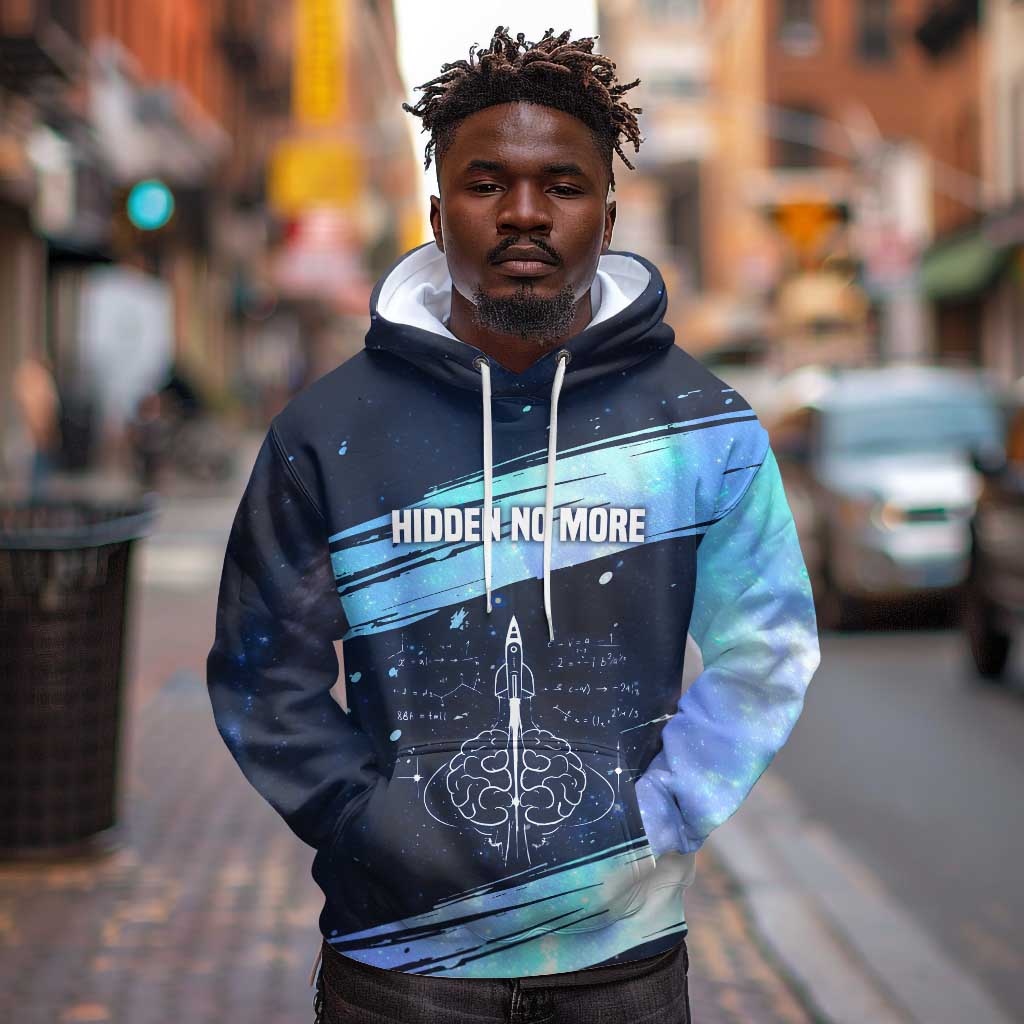 Katherine Johnson Hoodie with Galaxy Background, Hidden No More Quote and Rocket Brain Equation - Wonder Print Shop