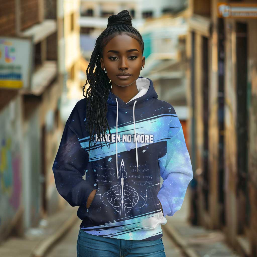 Katherine Johnson Hoodie with Galaxy Background, Hidden No More Quote and Rocket Brain Equation - Wonder Print Shop